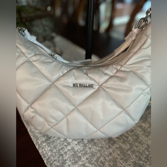 MZ WALLACE FROST SILVER GRAY Madison Shoulder Bag Chain Quilted Nylon Bag NWT - Picture 11 of 16